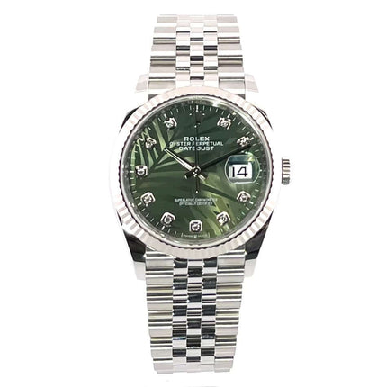 Rolex Datejust 36 Uhr, Edelstahl Oystersteel-Gehäuse, Weißgoldlünette, olivgrünes Palmenmuster-Zifferblatt, Diamant-Jubile-Band, Ref. 126234