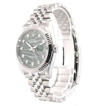 Rolex Datejust 36 Oystersteel Weißgold 126234 mit olivgrünem Palmenmuster und Diamanten, Jubile-Band