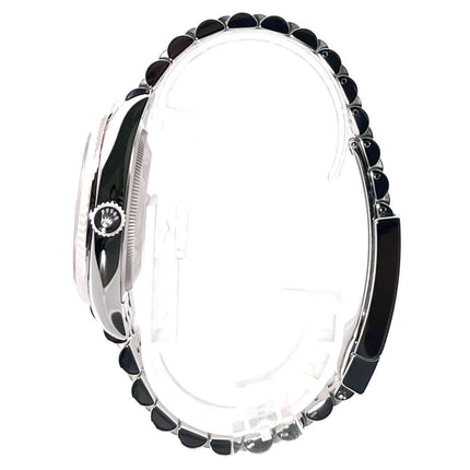 Seitenansicht der Rolex Datejust 36, Edelstahl Oystersteel Gehäuse, Jubile-Band, mit 18 kt Weißgold-Lünette.