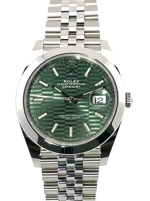 Rolex Datejust 41 Ref. 126300 Edelstahl Mintgrün Riffelmuster Zifferblatt mit Jubile-Band, poliertes Edelstahlgehäuse und Lünette