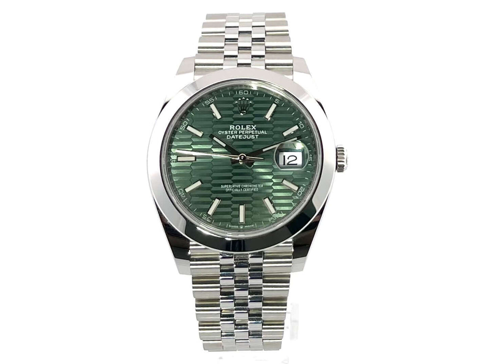 Rolex Datejust 41 Edelstahl 126300 Mintgrün Riffelmuster Jubile-Band Uhransicht.