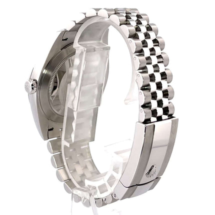Rückansicht der Rolex Datejust 41 Ref. 126300 mit poliertem Edelstahlgehäuse und Jubile-Armband glänzend und satiniert