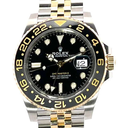 Rolex GMT-Master II Edelstahl Gelbgold Ref. 126713GRNR, schwarze Cerachrom-Zahlenscheibe, Jubilee-Band aus Edelstahl/Gelbgold, schwarzes Zifferblatt, Automatik.