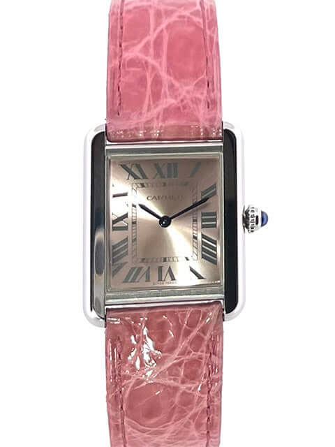 Cartier Tank Solo kleines Modell W5200000 mit pinkfarbenem Lederband und Edelstahlgehäuse.