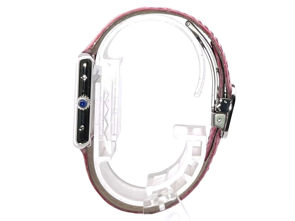 Cartier Tank Solo kleines Modell W5200000, Seitenansicht, Gehäuse aus Edelstahl, pinkfarbenes Lederband, sehr guter Zustand, gebrauchte Uhr