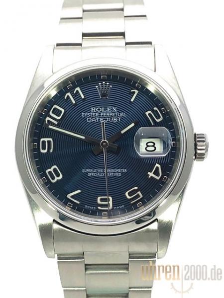 Rolex Datejust 36 Edelstahl Ref. 16200 Blau Arabisch Oyster-Band LC100 aus 2005