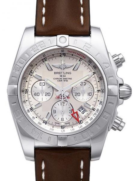 Breitling Chronomat 44 GMT Ref. AB042011.G745.438X.A20D.1 Zifferblatt Sierra-Silbern Lederband Braun