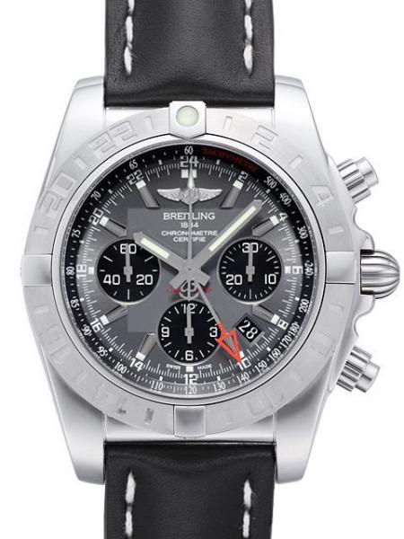 Breitling Chronomat 44 GMT Ref. AB042011.F561.435X.A20BA.1 Zifferblatt Blackeye-Grau Lederband Schwarz